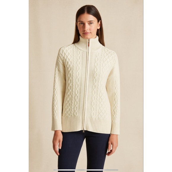 J MCLAUGHLIN LAWSON MERINO WOOL SWEATER FULL ZIP CABLE KNIT FISHERMAN PREPPY S - Picture 1 of 11